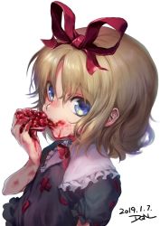 Rule 34 | aged down, blonde hair, blue eyes, bow, capelet, cranberry, doll, dqn (dqnww), eating, flower, food, food on face, frilled shirt, frilled shirt collar, frilled sleeves, frills, fruit, jam, lily of the valley, medicine melancholy, phantasmagoria of flower view, pomegranate, puffy short sleeves, puffy sleeves, red bow, red neckwear, red ribbon, ribbon, shirt, short hair, short sleeves, solo, stain, touhou, wavy hair