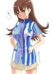 Rule 34 | 1girl, alternate costume, brown eyes, brown hair, cowboy shot, employee uniform, hands on own hips, highres, kantai collection, kujira naoto, lawson, long hair, looking down, name tag, ooi (kancolle), ooi kai ni (kancolle), pleated skirt, shirt, skirt, solo, striped clothes, striped shirt, uniform, white skirt