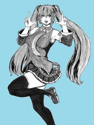 Rule 34 | 1girl, blue background, blush, breasts, commentary request, detached sleeves, finger frame, foot out of frame, greyscale, greyscale with colored background, hair between eyes, hair ornament, hatsune miku, highres, imori (46296895), leg up, long hair, looking to the side, medium breasts, monochrome, necktie, open mouth, retro artstyle, shirt, shoes, simple background, skirt, sleeveless, sleeveless shirt, smile, solo, thighhighs, twintails, very long hair, vocaloid