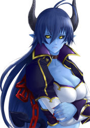 Rule 34 | 1girl, asmodeus (shinrabanshou), black sclera, blue hair, blue skin, breasts, chain, cleavage, collar, colored sclera, colored skin, crossed arms, demon girl, demon tail, fed (giba), fingernails, frown, horns, large breasts, long hair, pointy ears, shinrabanshou, slit pupils, solo, tail, very long hair, yellow eyes