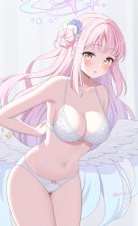 Rule 34 | 1girl, angel wings, blue archive, blush, bra, breasts, cleavage, cowboy shot, feathered wings, flower, hair bun, hair flower, hair ornament, halo, highres, kurumi lm, large breasts, long hair, looking at viewer, mika (blue archive), navel, open mouth, panties, pink hair, pink halo, purple flower, single side bun, solo, underwear, underwear only, white bra, white panties, white wings, wings, yellow eyes