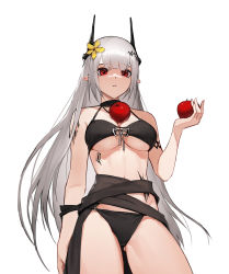 Rule 34 | 1girl, absurdres, apple, arknights, bikini, black bikini, black choker, breasts, choker, commentary, cowboy shot, english commentary, flower, food, food on body, food on breasts, fruit, hair flower, hair ornament, halterneck, hand up, highres, holding, holding food, holding fruit, horns, jason kim, large breasts, long hair, looking at viewer, material growth, mudrock (arknights), mudrock (silent night) (arknights), official alternate costume, oripathy lesion (arknights), parted lips, pointy ears, red eyes, silver hair, simple background, solo, standing, swimsuit, underboob, very long hair, white background, yellow flower