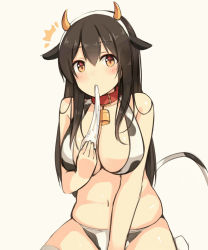 Rule 34 | 10s, 1girl, ^^^, akagi (kancolle), alternate costume, animal ears, animal print, bell, bikini, black hair, blush, breasts, brown eyes, cleavage, collar, cow ears, cow girl, cow print, cow tail, cowbell, highres, horns, kantai collection, large breasts, long hair, looking at viewer, navel, neck bell, plump, shuuichi, simple background, solo, swimsuit, tail, thighhighs