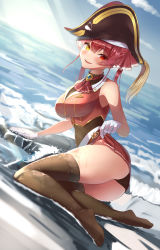 Rule 34 | 1girl, absurdres, ascot, ass, beach, black panties, black thighhighs, breasts, cleavage, clothes lift, covered navel, cropped vest, feet, full body, gloves, hat, hat feather, heterochromia, highres, hololive, houshou marine, houshou marine (1st costume), large breasts, lifted by self, long hair, looking at viewer, miniskirt, no shoes, nyaa28, on ground, panties, pantyshot, pirate hat, pleated skirt, red eyes, red hair, red skirt, red vest, see-through, see-through cleavage, sitting, skirt, skirt lift, smile, solo, thighhighs, thighs, twintails, underwear, vest, virtual youtuber, water, wet, wet clothes, wet legwear, white gloves, yellow eyes, yokozuwari