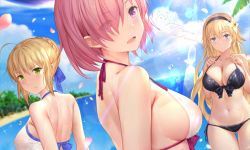 Rule 34 | :d, ahoge, artoria pendragon (fate), artoria pendragon (swimsuit archer) (fate), artoria pendragon (swimsuit archer) (first ascension) (fate), bikini, black bikini, black bow, black hairband, blonde hair, blue ribbon, blue sky, blurry, blurry background, blush, bow, breasts, cleavage, cloud, collarbone, covered erect nipples, day, dutch angle, eyes visible through hair, fate/grand order, fate (series), flower, gluteal fold, green eyes, hair between eyes, hair flower, hair ornament, hair over one eye, hair ribbon, hairband, highres, huge breasts, index finger raised, jeanne d&#039;arc (fate), jeanne d&#039;arc (ruler) (fate), long hair, looking at viewer, mash kyrielight, medium breasts, ocean, official alternate costume, open mouth, outdoors, pink hair, purple eyes, ribbon, see-through, short hair, side-tie bikini bottom, sideboob, sidelocks, sky, smile, sparkle, sunlight, swimsuit, thigh gap, very long hair, white bikini, white flower, yijian ma