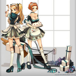 Rule 34 | 2girls, android, arm up, blonde hair, blunt bangs, breasts, cake, cleavage, food, high heels, kneehighs, large breasts, long hair, maggi, maid, mannequin, medium breasts, multiple girls, pastry, red hair, robot, see-through, shoes, short hair, socks, standing, twintails