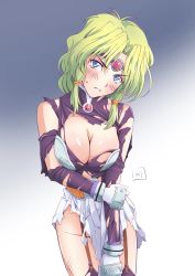 Rule 34 | 1girl, blue eyes, blush, breasts, circlet, cleavage, gloves, green hair, groin, haou taikei ryuu knight, highres, large breasts, long hair, looking at viewer, nori (norimakigumo), paffy pafuricia, simple background, solo, sweatdrop, thighhighs