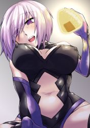 Rule 34 | 1girl, bare shoulders, black thighhighs, blush, breasts, cleavage, cleavage cutout, clothing cutout, covered erect nipples, elbow gloves, eyes visible through hair, fate/grand order, fate (series), food, girl on top, gloves, hair over one eye, ken tatsuki, large breasts, looking at viewer, mash kyrielight, navel, navel cutout, onigiri, open mouth, pov, purple eyes, purple gloves, purple hair, short hair, smile, solo, thighhighs