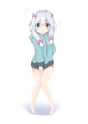 Rule 34 | 1girl, ^^^, absurdres, bare legs, barefoot, blue eyes, blush, bow, closed mouth, clothes tug, covering privates, covering crotch, eromanga sensei, full body, green jacket, hair between eyes, hair bow, highres, hood, hood down, hooded jacket, izumi sagiri, jacket, jacket tug, knees together feet apart, looking at viewer, no pants, panties, pink bow, red panties, side-tie panties, silver hair, solo, standing, tears, tiptoes, turn pale, underwear, white background, yasuhisa (18456628)