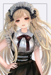 Rule 34 | 1girl, alternate costume, apron, blonde hair, blue eyes, breasts, cross, earrings, enmaided, fashion, gothic lolita, hand on own hip, highres, jewelry, komorihikki, lolita fashion, maid, maid apron, maid headdress, original, pale skin, skirt, suspender skirt, suspenders, twintails