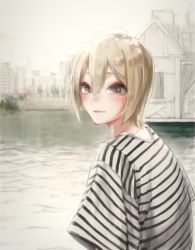 Rule 34 | 1girl, absurdres, alternate costume, blurry, blush, depth of field, eyelashes, grey hair, hair between eyes, highres, idolmaster, idolmaster cinderella girls, jewelry, lake, light smile, looking at viewer, looking back, necklace, outdoors, shiomi syuko, shirt, short hair, short sleeves, shuna (rain ball47), sky, solo, striped clothes, striped shirt, upper body, water, waves, white sky
