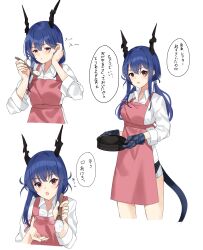 Rule 34 | 1girl, apron, arknights, black shorts, blue hair, blush, breasts, ch&#039;en (arknights), closed mouth, collared shirt, commentary request, cropped legs, dragon girl, dragon horns, dragon tail, dress shirt, hair between eyes, tucking hair, half-closed eyes, highres, holding, holding spoon, horns, lily0428, long hair, looking at viewer, low twintails, medium breasts, multiple views, parted lips, pink apron, red eyes, rice, shirt, shorts, simple background, spoon, tail, twintails, white background, white shirt, wooden spoon