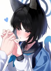 Rule 34 | 1girl, 1other, absurdres, animal ears, black eyes, black hair, black sailor collar, blue archive, blue halo, blue neckerchief, blush, cat ears, cat tail, halo, haori, heart, highres, japanese clothes, kikyou (blue archive), long sleeves, neckerchief, poko050498, sailor collar, short hair, simple background, solo focus, tail, tongue, tongue out, white background