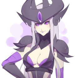 Rule 34 | 1girl, armor, breasts, cleavage, ear protection, elbow gloves, forehead protector, gem, gloves, hand on own hip, helmet, kumiko shiba, league of legends, long hair, purple eyes, shoulder pads, silver hair, smile, solo, syndra