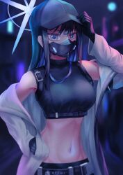 Rule 34 | 1girl, absurdres, arm up, armband, bare shoulders, baseball cap, belt, black belt, black gloves, black hair, black hat, black mask, black pants, black shirt, blue archive, blue eyes, blue hair, breasts, buckle, chest harness, coat, commentary, covered mouth, crop top, gloves, groin, halo, harness, hat, highres, long hair, looking at viewer, mask, medium breasts, midriff, miyaha (bbenson89810), mouth mask, multicolored hair, navel, night, off shoulder, pants, saori (blue archive), shirt, sleeveless, sleeveless shirt, snap-fit buckle, solo, standing, two-tone hair, underbust, white coat
