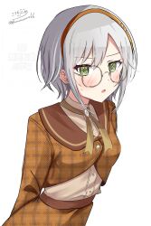 1girl absurdres arms_behind_back blush breasts brown_hairband glasses green_eyes grey_hair hairband highres hinomori_shiho koromonme66 looking_at_viewer open_mouth project_sekai round_eyewear shirt short_hair simple_background solo sweatdrop twitter_username white_background