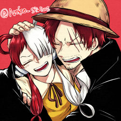 Rule 34 | 1boy, 1girl, age difference, artist request, facial hair, father and daughter, happy, hat, headphones, hug, long hair, multicolored hair, one piece, one piece film: red, red background, red hair, shanks (one piece), simple background, smile, straw hat, twitter username, two-tone hair, uta (one piece), very long hair