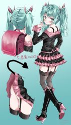 Rule 34 | 1girl, aqua eyes, aqua hair, backpack, bag, bare shoulders, black bra, blush, boots, bra, butterfly hair ornament, full body, garter straps, hair ornament, hand on own chin, hatsune miku, high heel boots, high heels, highres, honey whip (module), knee boots, long hair, looking at viewer, looking back, school bag, shirubaa, shoe soles, smile, tail, text background, thighhighs, twintails, underwear, upskirt, vocaloid, zettai ryouiki