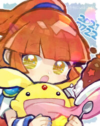 Rule 34 | 1girl, arle nadja, armor, black eyes, blue nails, border, brown eyes, carbuncle (puyopuyo), commentary, curry, dated, doradorakingyo, eyelashes, food, forehead jewel, holding, long tongue, looking at viewer, nail polish, open mouth, plate, ponytail, puyopuyo, rice, shoulder armor, symbol-only commentary, tongue, twitter username, white border, wristband
