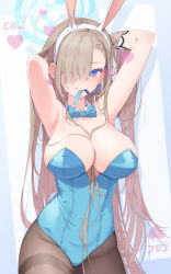 Rule 34 | 1girl, animal ears, armpits, arms behind head, arms up, asuna (blue archive), asuna (bunny) (blue archive), azumi akitake, bare shoulders, black pantyhose, blue archive, blue eyes, bow, bowtie, breasts, brown hair, cleavage, fake animal ears, hair over one eye, halo, heart, highres, large breasts, leotard, long hair, looking at viewer, mole, mole on breast, navel, one eye covered, pantyhose, playboy bunny, rabbit ears, skin tight, solo, thighs, traditional bowtie, very long hair