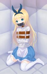 Rule 34 | 1girl, alice (alice in wonderland), alice in wonderland, apron, blonde hair, blue eyes, commentary request, dress, empty eyes, frilled dress, frills, gagged, hairband, highres, long hair, padded walls, panel gag, raftetram, restrained, sitting, solo, straitjacket, tearing up, thighhighs, wariza