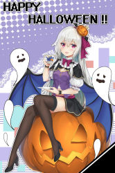 Rule 34 | 10s, 1girl, :d, bat wings, black footwear, black skirt, black thighhighs, blush, breasts, capelet, cup, english text, ghost, hair between eyes, hair ornament, halloween, high heels, highres, holding, jack-o&#039;-lantern, jack-o&#039;-lantern hair ornament, long hair, low wings, open mouth, outline, pink eyes, pink neckwear, sakurai momoka no musuko, saucer, shoes, silver hair, sitting, skirt, small breasts, smile, solo, sophie twilight, teacup, thighhighs, tonari no kyuuketsuki-san, very long hair, white outline, wings