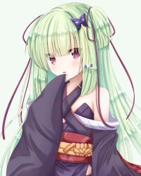 Rule 34 | 1girl, bare shoulders, black kimono, blunt bangs, blunt ends, butterfly hair ornament, commentary, cowboy shot, eyelashes, eyes visible through hair, flat chest, floral print, green background, green hair, hair ornament, head tilt, japanese clothes, kimono, light blush, long hair, looking at viewer, murasame (senren), n rinkoro, open mouth, purple ribbon, red eyes, red sash, ribbon, sash, senren banka, simple background, sleeves past wrists, solo, standing, straight hair, two side up, very long hair, wide sleeves