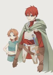 Rule 34 | 1boy, 1girl, adol christin, armor, blue eyes, brown gloves, cape, cropped torso, george man, gloves, green cape, green shirt, grey eyes, hair between eyes, hand on own hip, headband, highres, leather, leather gloves, looking at viewer, orange hair, red hair, sheath, sheathed, shirt, short hair, simple background, sleeveless, sleeveless shirt, sword, terra (ys), weapon, white background, ys, ys v: kefin the lost city of sand