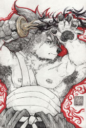 Rule 34 | 1boy, animal ears, animal nose, armpit hair, arms up, bara, chest tuft, commentary, commentary request, dated, dog boy, dog ears, frown, furry, furry male, high ponytail, highres, holding, holding sword, holding weapon, japanese clothes, limited palette, looking to the side, male focus, muscular, muscular male, nipples, outline, pawpads, red outline, sarashi, scar, scar on face, scar on nose, shino (housamo), signature, snout, solo, sword, tokyo houkago summoners, toronoekaki, traditional media, upper body, weapon