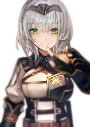 Rule 34 | 1girl, absurdres, black gloves, blurry, blurry background, blurry foreground, breasts, cleavage, commentary request, depth of field, fingerless gloves, gloves, green eyes, grey hair, hair between eyes, headpiece, highres, hololive, large breasts, looking at viewer, mole, mole on breast, parted lips, puffy short sleeves, puffy sleeves, shirogane noel, shirogane noel (1st costume), short sleeves, simple background, smile, solo, tarbo (exxxpiation), upper body, virtual youtuber, white background