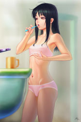 Rule 34 | 1girl, absurdres, armpits, bad id, bad pixiv id, bare shoulders, black hair, blurry, breasts, brown eyes, brushing teeth, cowboy shot, cup, darkmuleth, depth of field, door, eyelashes, faucet, groin, highres, holding, indoors, lace, lace-trimmed panties, lace trim, long hair, messy hair, mug, navel, original, panties, pink lips, pink panties, ribs, signature, sink, small breasts, solo, standing, stomach, strapless, toothbrush, tube top, underwear, underwear only