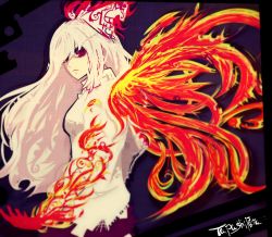 Rule 34 | 1girl, closed mouth, expressionless, fiery wings, fire, fujiwara no mokou, hair over one eye, hair ribbon, highres, long hair, red eyes, ribbon, shirt, signature, solo, tabazi, touhou, turning head, very long hair, white hair, white shirt