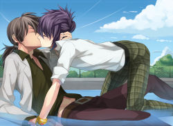 Rule 34 | 00s, 2boys, all fours, black hair, blush, chain-link fence, cloud, couple, doctor, closed eyes, fence, jacket, jewelry, kiss, long hair, male focus, multiple boys, outdoors, pants, partially submerged, ponytail, pool, purple hair, raven (tales), short hair, sky, tales of (series), tales of vesperia, water, yaoi, yuri lowell