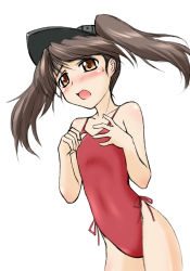 Rule 34 | 10s, 1girl, brown eyes, brown hair, casual one-piece swimsuit, hat, kantai collection, long hair, mochizuki kazuto, one-piece swimsuit, personification, ryuujou (kancolle), swimsuit, twintails, visor cap