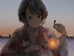 Rule 34 | 1girl, black hair, blunt bangs, brown eyes, closed mouth, commentary request, eye reflection, fireworks, floral print, flower, hair flower, hair ornament, hand on lap, highres, holding, japanese clothes, kimono, long sleeves, looking down, nail polish, original, pink nails, reflection, sako (35s 00), senkou hanabi, sky, solo, sparkler, squatting, summer, sunset, wide sleeves, yukata