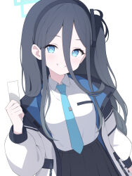 Rule 34 | 1girl, absurdres, aris (blue archive), black hair, black hairband, black skirt, blue archive, blue eyes, blue necktie, collared shirt, commentary request, hair between eyes, hairband, halo, hand up, highres, holding, jacket, jyt, long hair, long sleeves, looking at viewer, necktie, one side up, open clothes, open jacket, pleated skirt, puffy long sleeves, puffy sleeves, shirt, simple background, skirt, smile, solo, very long hair, white background, white jacket, white shirt