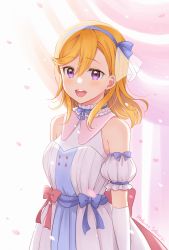 Rule 34 | 1girl, :d, artist name, blonde hair, blue hairband, blush, breasts, commentary request, curtains, detached sleeves, dress, elbow gloves, gloves, hair between eyes, hairband, highres, long hair, looking at viewer, love live!, love live! superstar!!, medium breasts, open mouth, petals, puffy short sleeves, puffy sleeves, purple eyes, sakurai makoto (custom size), see-through, shibuya kanon, short sleeves, signature, sleeveless, sleeveless dress, smile, solo, teeth, upper teeth only, white dress, white gloves, white sleeves