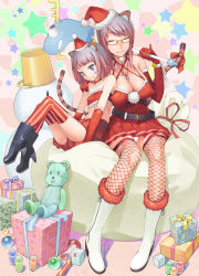 Rule 34 | 2girls, animal ears, asaki takayuki, bad id, bad pixiv id, blue eyes, blue hair, boots, breasts, christmas, cleavage, covered erect nipples, fishnets, flat chest, huge breasts, jewelry, large breasts, multiple girls, necklace, one eye closed, pinky out, santa costume, short hair, smile, striped clothes, striped legwear, striped thighhighs, tail, thighhighs, vertical-striped clothes, vertical-striped legwear, vertical-striped thighhighs, wink