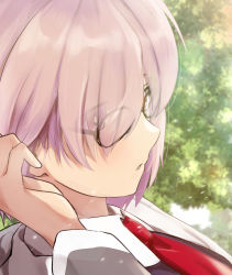 Rule 34 | 1girl, black-framed eyewear, black dress, collared dress, commentary request, dappled sunlight, dress, eyes visible through hair, fate/grand order, fate (series), glasses, grey jacket, hair over one eye, tucking hair, highres, hood, hood down, hooded jacket, jacket, light purple hair, long bangs, long sleeves, looking away, mash kyrielight, mixed-language commentary, necktie, open clothes, open jacket, portrait, purple eyes, red necktie, short hair, solo, sunlight, yoo tenchi