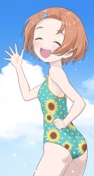 Rule 34 | 1girl, ass, blue sky, blush, child, clenched hand, closed eyes, cloud, commentary, cowboy shot, dot nose, facing viewer, flat chest, floral print, green one-piece swimsuit, hair ornament, hairclip, hand up, highres, idolmaster, idolmaster cinderella girls, one-piece swimsuit, open mouth, orange hair, polka dot, polka dot swimsuit, ryuzaki kaoru, short hair, sky, smile, solo, sunflower print, swimsuit, teeth, thighs, upper teeth only, waving, yama tatsuo