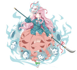 Rule 34 | 1girl, ansoku, aqua shirt, bow, bowtie, bubble skirt, circle, closed mouth, expressionless, footwear bow, fox mask, full body, green bow, hata no kokoro, highres, holding, holding mask, holding weapon, long hair, long sleeves, looking at viewer, mask, mask on head, noh mask, oni mask, pink bow, pink bowtie, pink eyes, pink hair, pink skirt, plaid, plaid shirt, polearm, red bow, shirt, simple background, skirt, solo, spear, standing, star (symbol), touhou, triangle, weapon, white background, white footwear