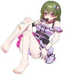 Rule 34 | 1girl, absurdres, animal collar, ass, bandaid, bandaid on arm, bandaid on leg, barefoot, breasts, candy, chocolate, chocolate heart, chocolate on body, choker, collar, dress, feet, food, food on body, green hair, heart, highres, idolmaster, idolmaster million live!, knees up, looking at viewer, medium breasts, melting, mouth hold, multicolored clothes, multicolored dress, nagayoshi subaru, off-shoulder dress, off shoulder, panties, pantyshot, pink choker, purple panties, red eyes, shaded face, simple background, solo, toes, tutimaru0730, underwear, white background