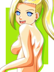 Rule 34 | 1girl, :d, back, blonde hair, breasts, earrings, empty eyes, female focus, from behind, jewelry, long hair, looking back, naruto, naruto (series), nipples, nude, open mouth, ponytail, shadow, shiny skin, smile, solo, umetama, upper body, yamanaka ino