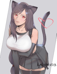 Rule 34 | 1girl, animal ears, bare shoulders, black hair, black skirt, black thighhighs, breasts, cat ears, cat tail, closed mouth, cowboy shot, crop top, detached sleeves, final fantasy, final fantasy vii, final fantasy vii remake, heart, highres, large breasts, long hair, looking at viewer, low-tied long hair, mugikoma, red eyes, skirt, solo, square enix, suspender skirt, suspenders, tail, tank top, thighhighs, tifa lockhart, twitter username, white tank top, zettai ryouiki