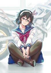 Rule 34 | 1girl, amano onsa, bakuon!!, black hair, black pantyhose, blue sailor collar, blue skirt, bow, bowtie, brown footwear, collarbone, crossed legs, crotch seam, full body, green eyes, hair bow, hairband, head tilt, highres, indian style, loafers, looking at viewer, motor vehicle, motorcycle, own hands together, panties, panties under pantyhose, pantyhose, parted lips, red bow, red bowtie, sailor collar, sakuma masanori, school uniform, serafuku, shirt, shoes, sitting, skirt, solo, underwear, white shirt