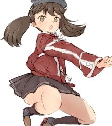 Rule 34 | 1girl, alchera, black socks, black skirt, brown eyes, brown hair, japanese clothes, kantai collection, kariginu, kneehighs, looking at viewer, open mouth, pleated skirt, ryuujou (kancolle), simple background, skirt, socks, solo, twintails, visor cap, white background
