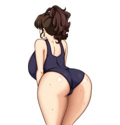 Rule 34 | 1girl, abridged-satoko, ass, backboob, breasts, brown hair, from behind, huge ass, huge breasts, leaning forward, mature female, one-piece swimsuit, ponytail, solo, sweat, swimsuit, thick thighs, thighs, umineko no naku koro ni, ushiromiya natsuhi