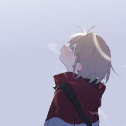 Rule 34 | 1girl, backlighting, blue eyes, blush, breath, casual, cold, d.y.x., ear blush, ear piercing, from behind, from side, grey hair, hood, hood down, idolmaster, idolmaster shiny colors, long sleeves, looking up, nose blush, open mouth, outdoors, piercing, profile, serizawa asahi, short hair, solo, upper body, wind