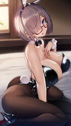 Rule 34 | 1girl, animal ears, ass, black leotard, black pantyhose, blue eyes, breasts, detached collar, fake animal ears, fake tail, glasses, hair ornament, hair over one eye, hairpin, hamakaze (kancolle), high heels, highres, huge ass, indoors, kantai collection, kneeling, large breasts, leotard, looking at viewer, open mouth, pantyhose, rabbit tail, solo, tail, torisan, wrist cuffs