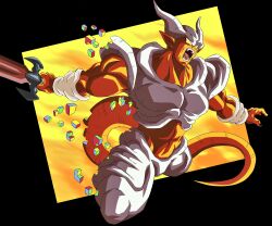 Rule 34 | 1boy, abs, absurdres, black border, black eyes, black nails, border, colored sclera, colored skin, demon, demon horns, demon tail, dragon ball, dragonball z, fangs, highres, holding, holding sword, holding weapon, horns, janemba, looking to the side, male focus, oharu2000, open mouth, pointy ears, red skin, solo, sword, tail, weapon, yellow sclera